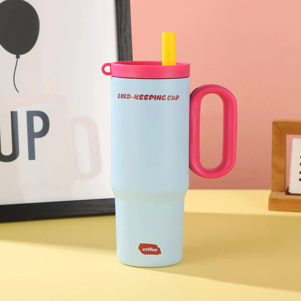 Portable plastic ice bucket with handle and large capacity, shown with a straw cup, for outdoor drink cooling.