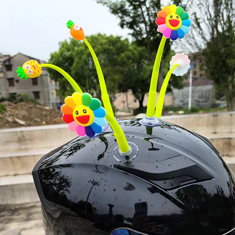 Yellow silicone swinging sunflower helmet decoration with suction cup base for motorcycle