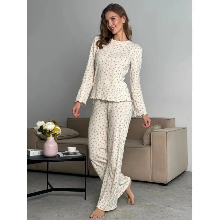 Women's white floral print two-piece suit set with bell sleeve top and wide leg trousers
