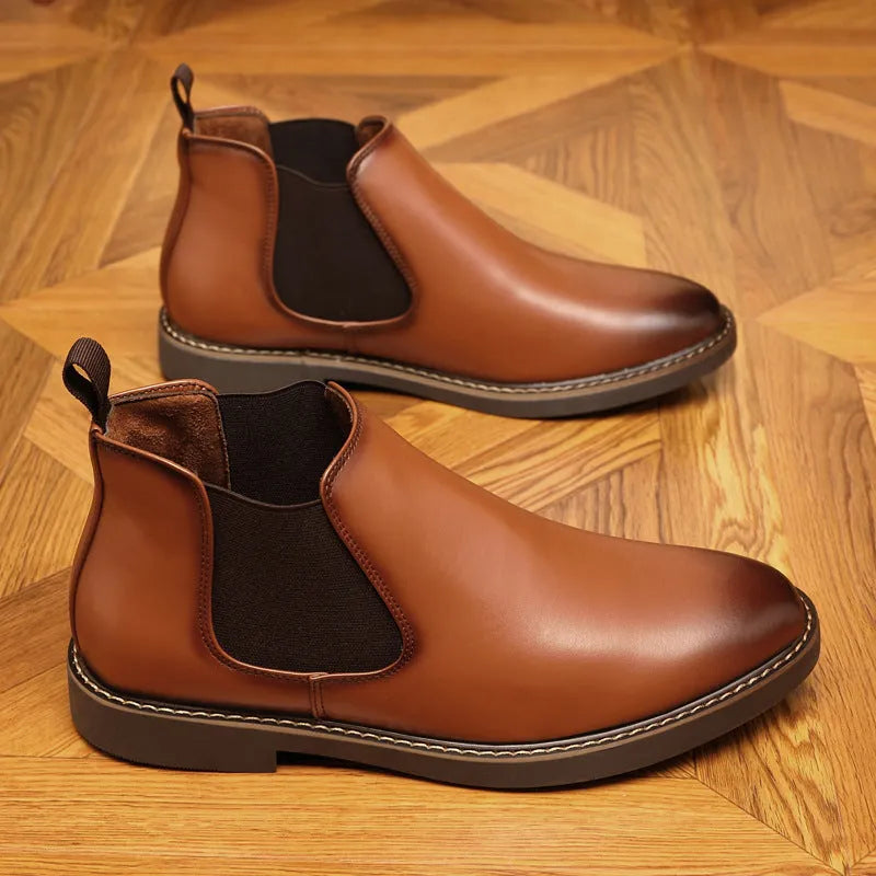 Men's black formal pointed-toe leather boots with square heel on a rubber sole