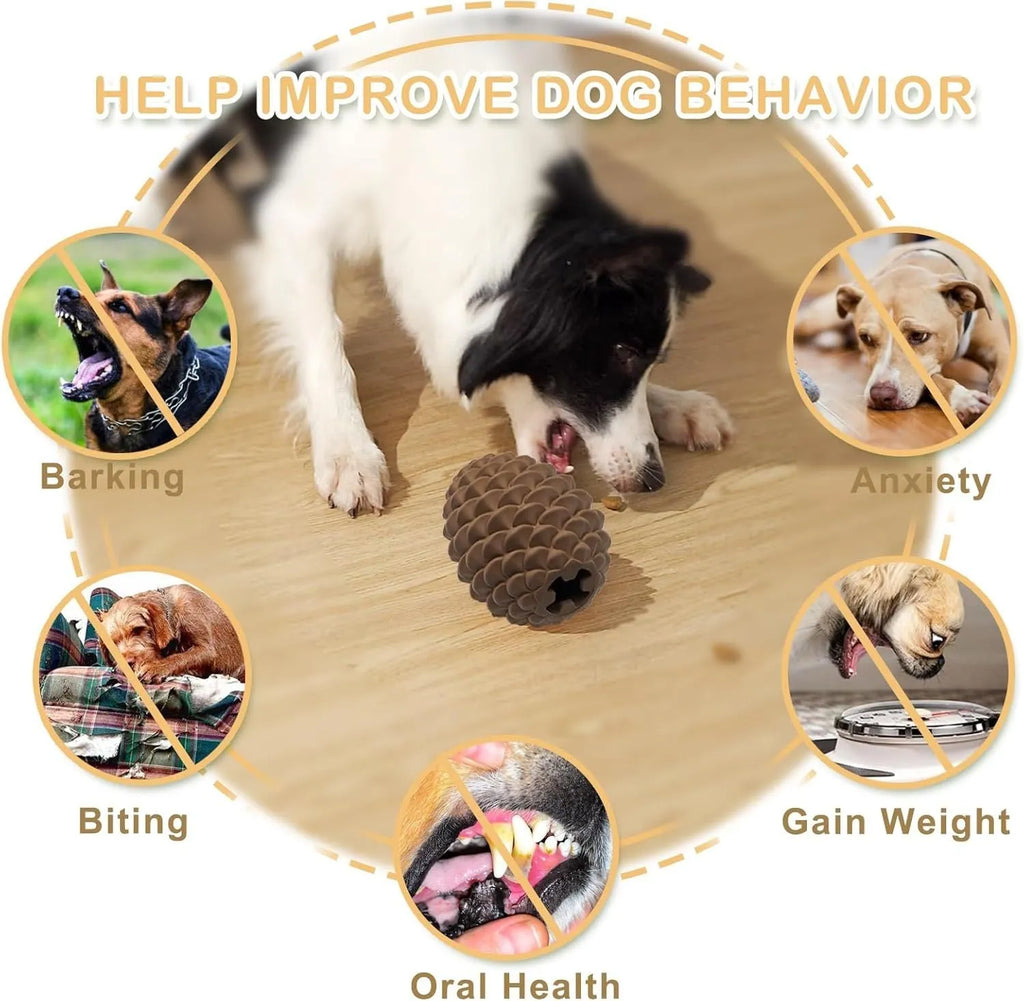 Yellow natural rubber pine cone-shaped dog toy with treat dispenser hole for medium and large dogs.