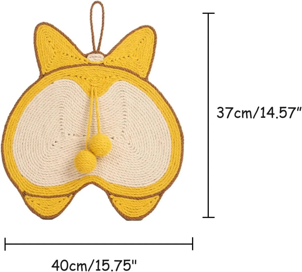 Yellow corgi butt design sisal cat scratching board with anti-slip base, shown with adhesive hooks.