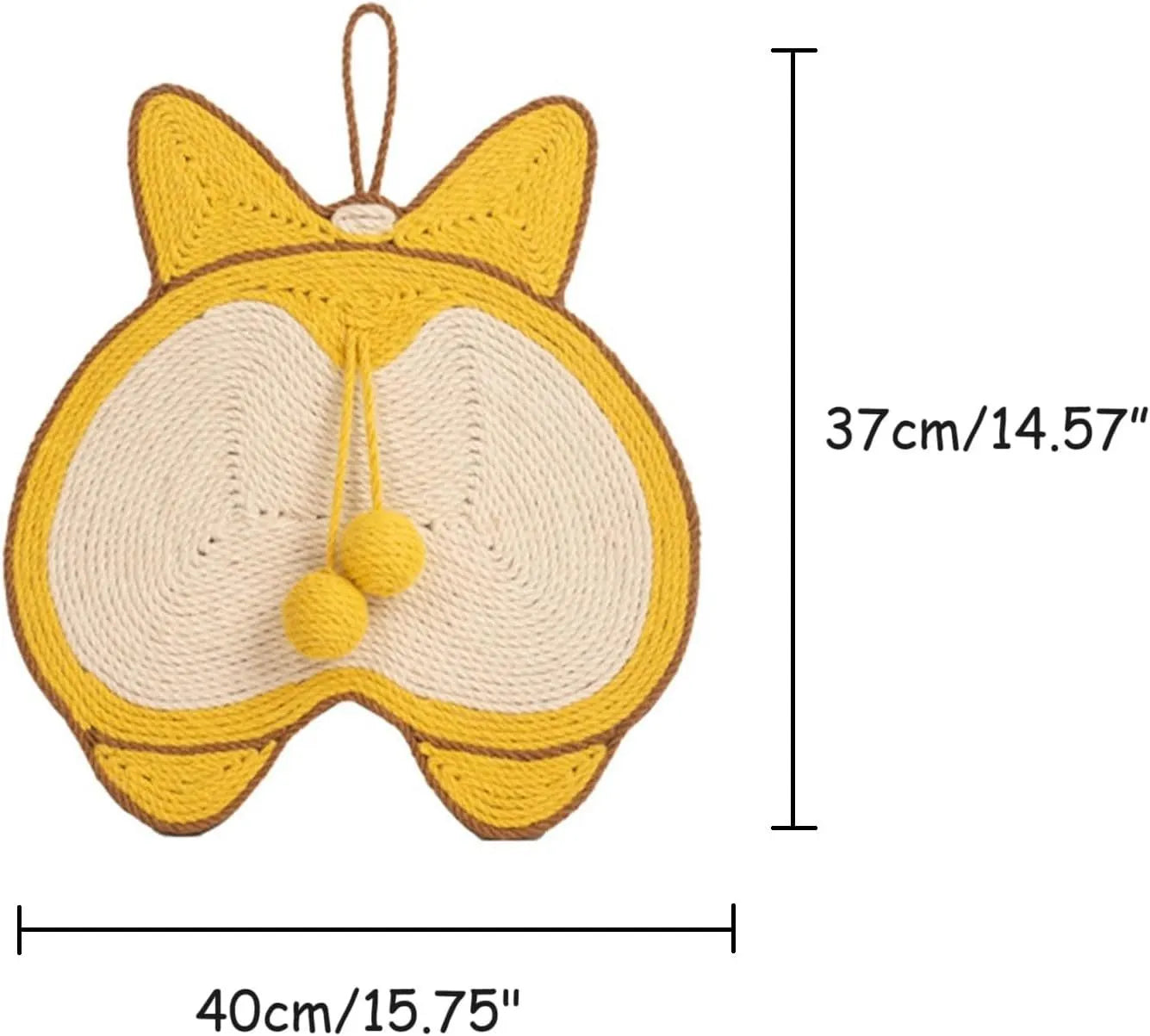 Yellow corgi butt design sisal cat scratching board with anti-slip base, shown with adhesive hooks.