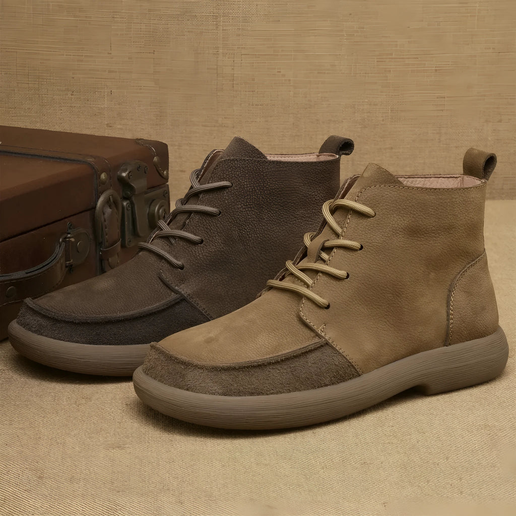 Men's gray genuine leather Martin boots with wedge heel and front lace-up design.