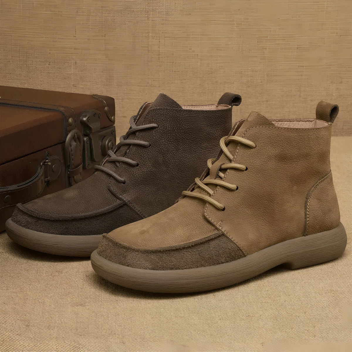 Men's gray genuine leather Martin boots with wedge heel and front lace-up design.