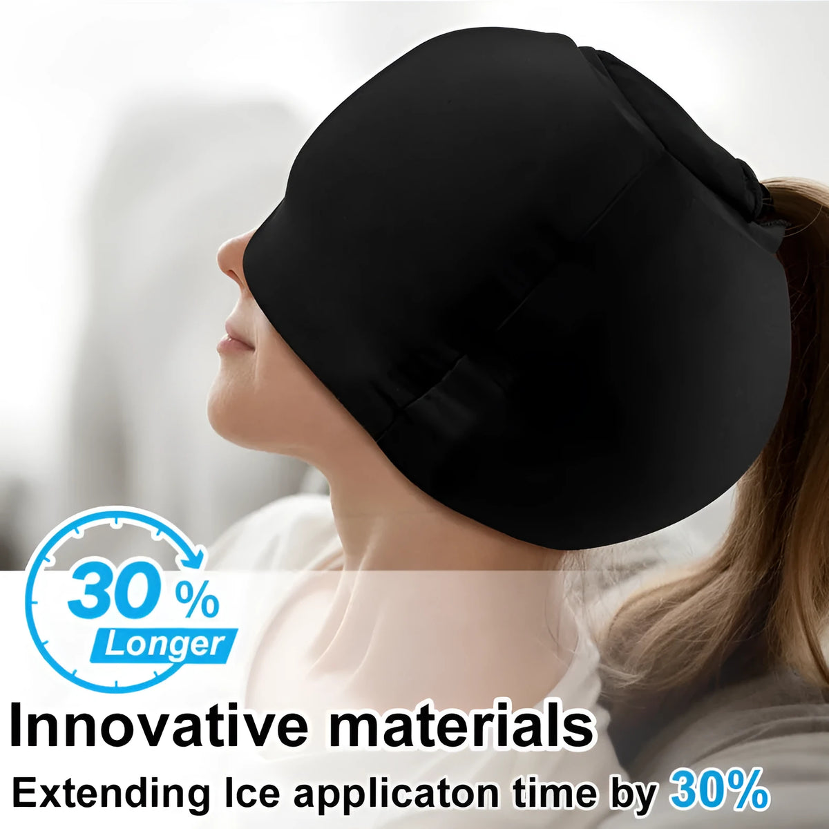 Solid colour fully enclosed cold compress cap for headache relief shown in black, pink, and dark blue options.