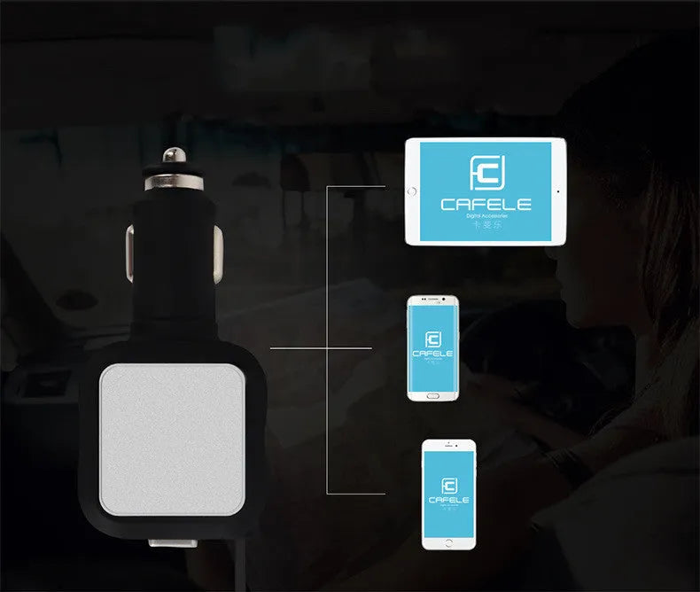 Black and gold dual USB car charger with retractable cable shown plugged into vehicle power outlet