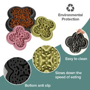 Silicone slow feeder licking pad for pets in various colours on a kitchen floor