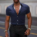 Men's light blue floral print short-sleeved shirt with a cardigan style collar