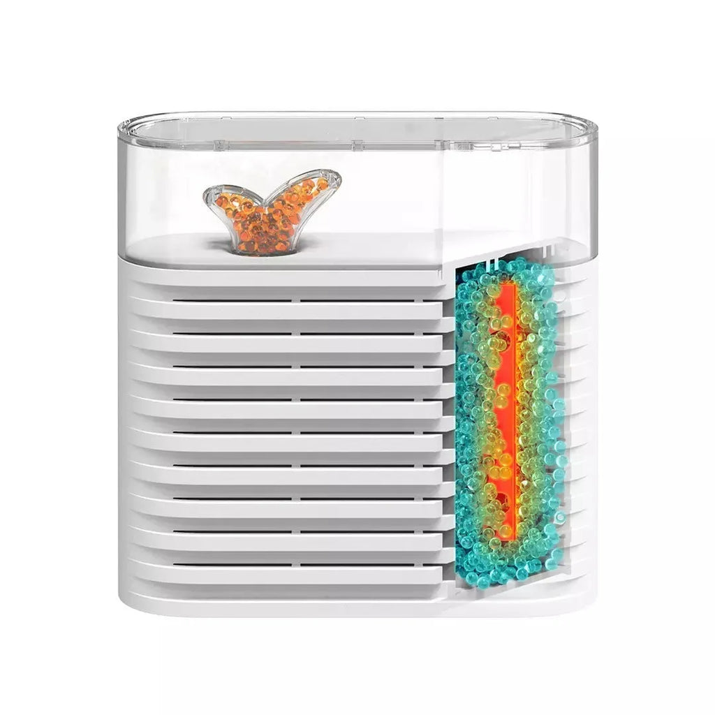 White recyclable dehumidifier box for cabinets with transparent lid showing colour-changing crystals and compact size.