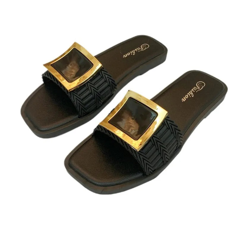 Women's apricot, black, and khaki flat summer slippers with a PVC sole.
