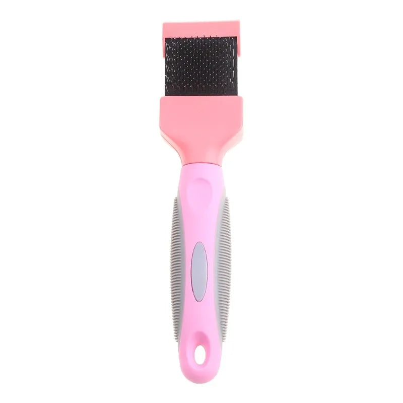 Double-sided pet grooming brush with stainless steel pins in blue or pink, showing ergonomic handle and pin details