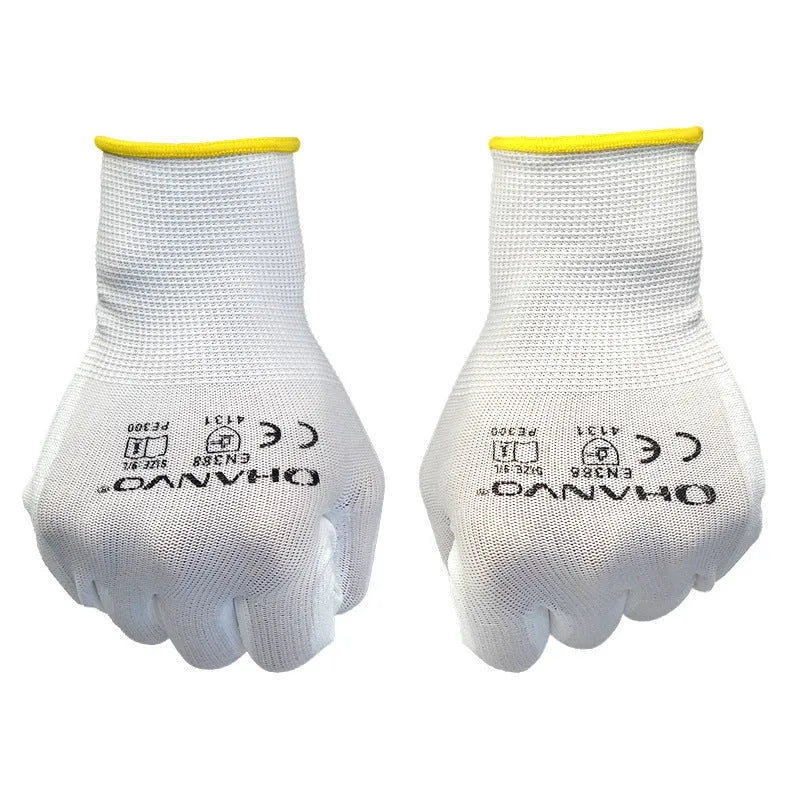 White PU coated labor gloves in size L and M, sold as a 10 pair pack for workshop use
