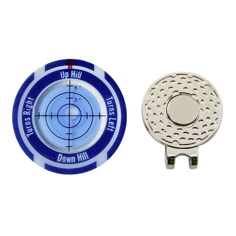 Golf level tool with clip for hat attachment showing position mark indicator
