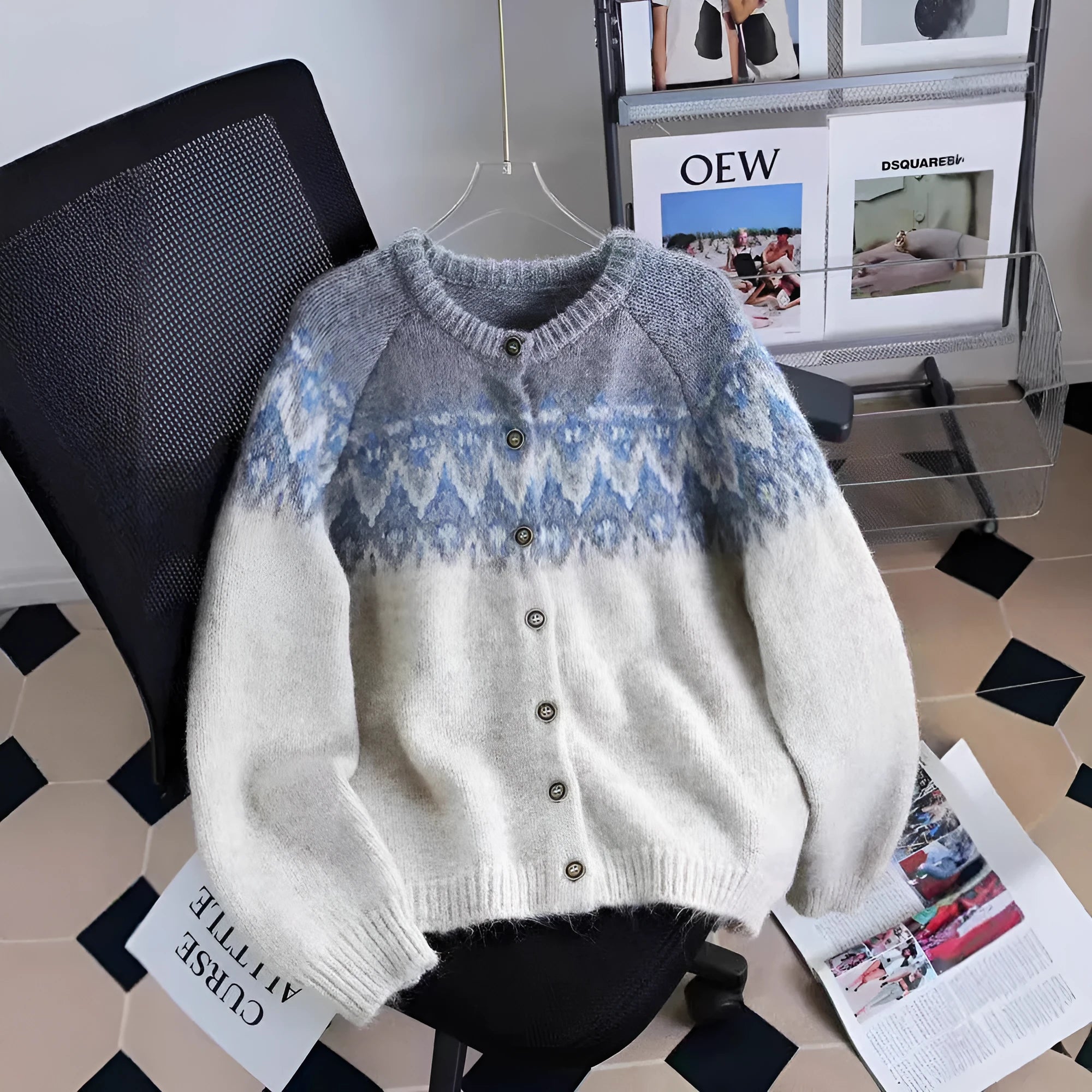 Women's loose fit jacquard sweater coat with contrast colour panels in beige, brown, or navy.