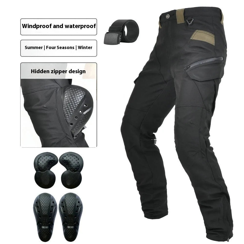 Men's solid color waterproof motorcycle cycling pants with protective gear and belt in black or green