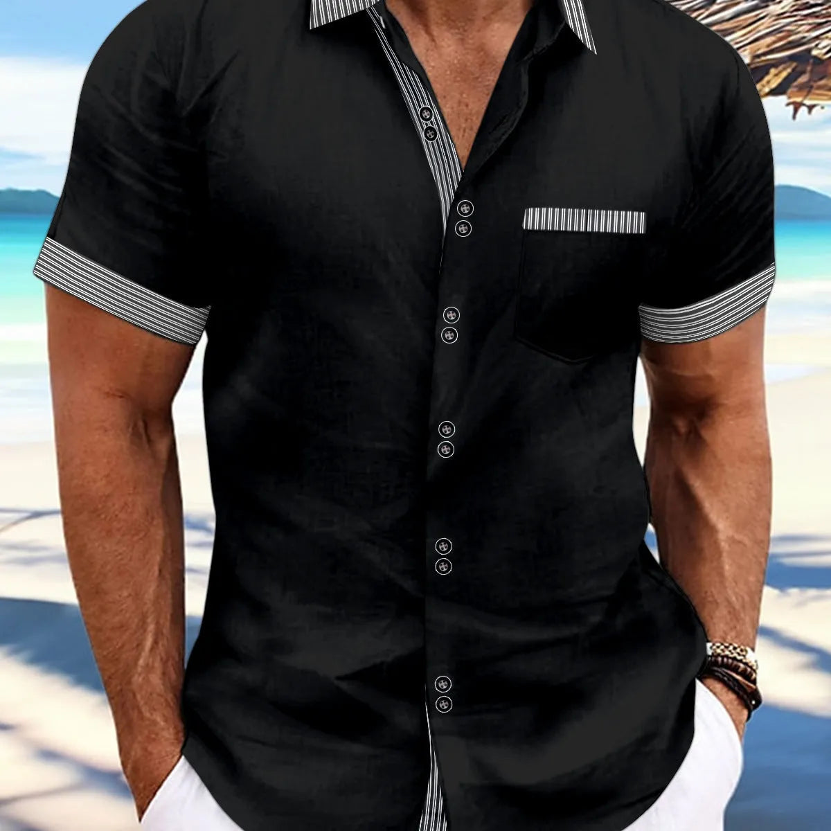 Slim fit striped casual shirt in pure cotton on a hanger, showing double-button detail.