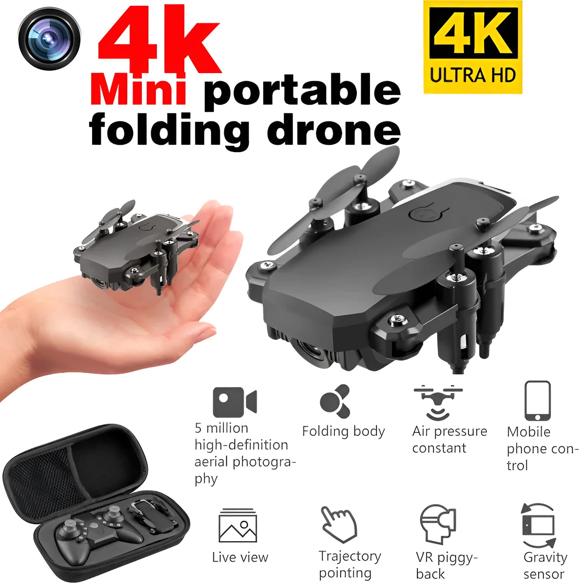 LF606 folding four-axis drone with 4K HD camera, black or white, 11 x 11 x 3.5 cm, altitude hold and headless mode.