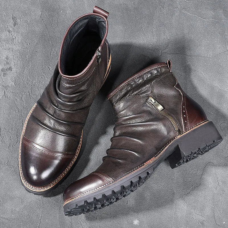 Men's black artificial PU cowboy boots with side zipper and round toe
