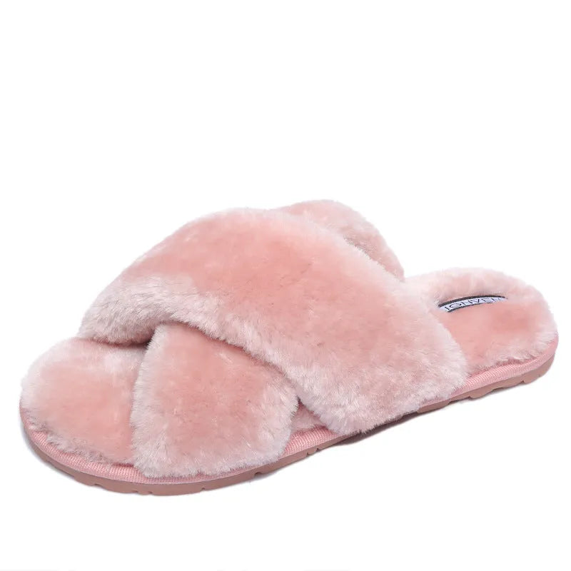 Women's open-toe cross-strap slippers with furry lining in multiple colour options