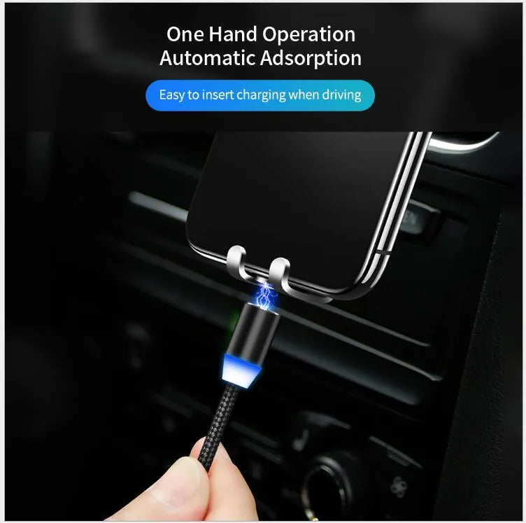 Magnetic LED charging cable with cotton braided sheath and aluminium shell in black colour