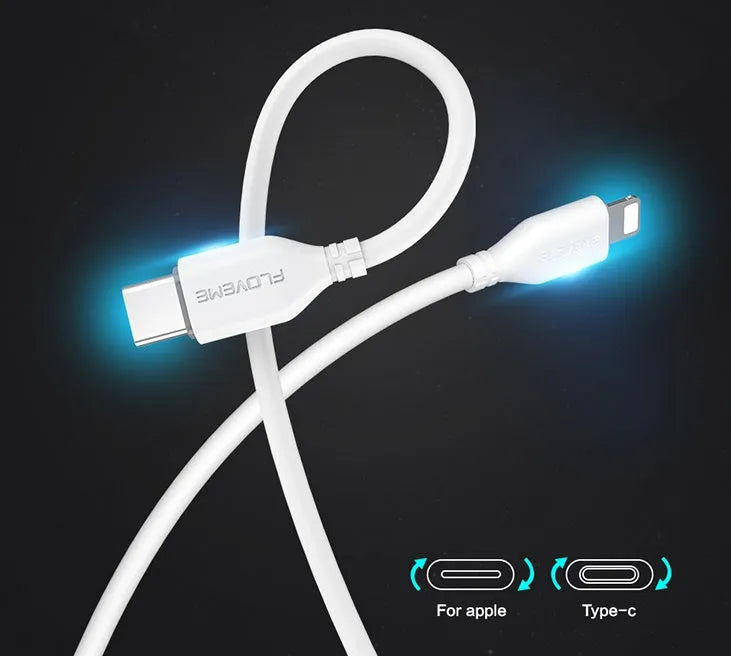 White nylon-braided USB-C to Lightning cable showing connectors and 1 metre length