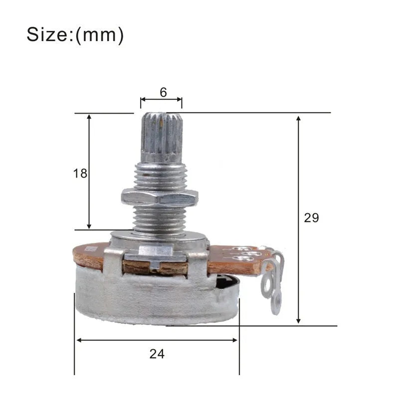 Metal electric guitar potentiometer knob for tone and volume controls.