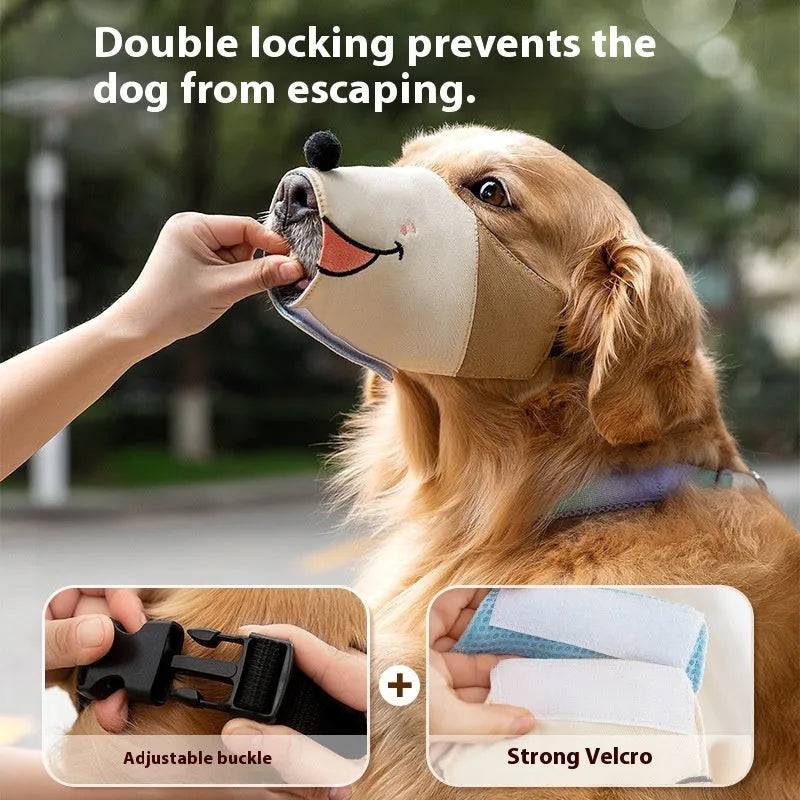 Canvas dog mouth cover muzzle in Bondi Blue Shark colour showing four available sizes
