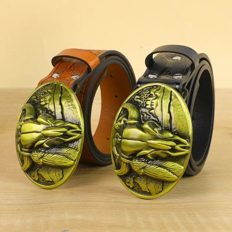 Men's black imitation leather belt with a detailed alloy cow head buckle and pin clasp.