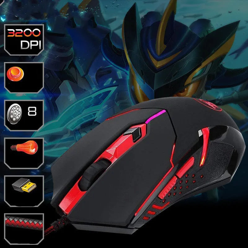 Black and red USB wired gaming mouse with ergonomic shape on a mouse mat.