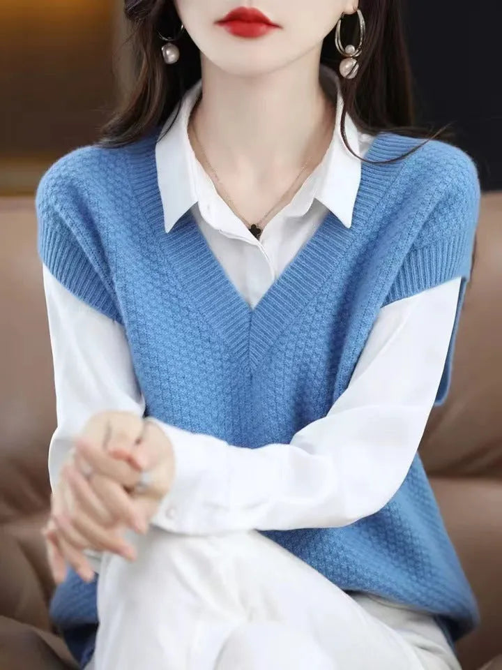 Women's creamy-white V-neck sleeveless knitted vest with a raised 3D stereoscopic pattern texture.
