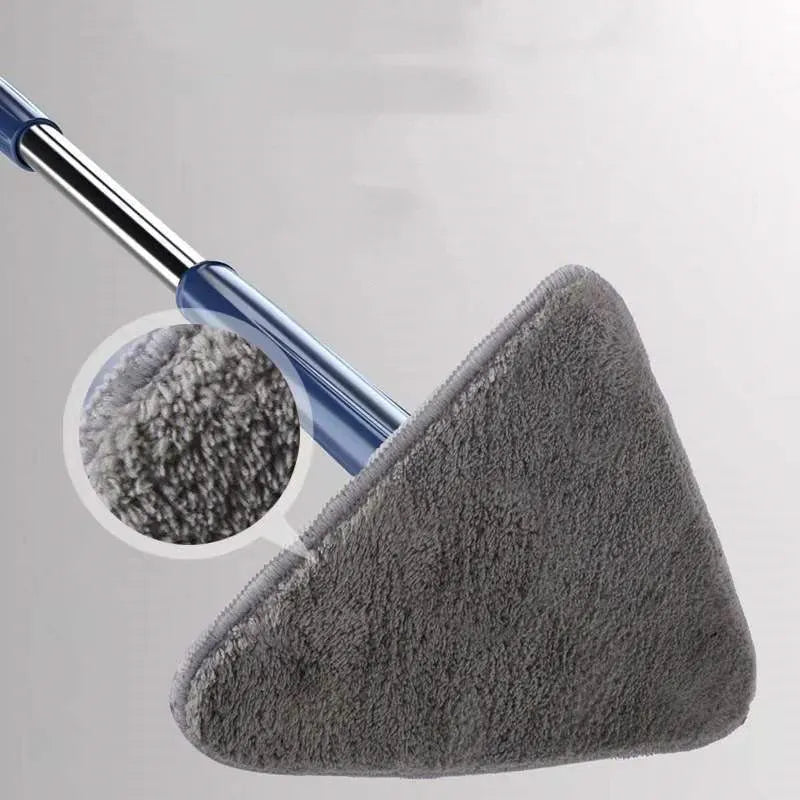 Blue extendable triangle cleaning mop with rotating head on stainless steel pole.