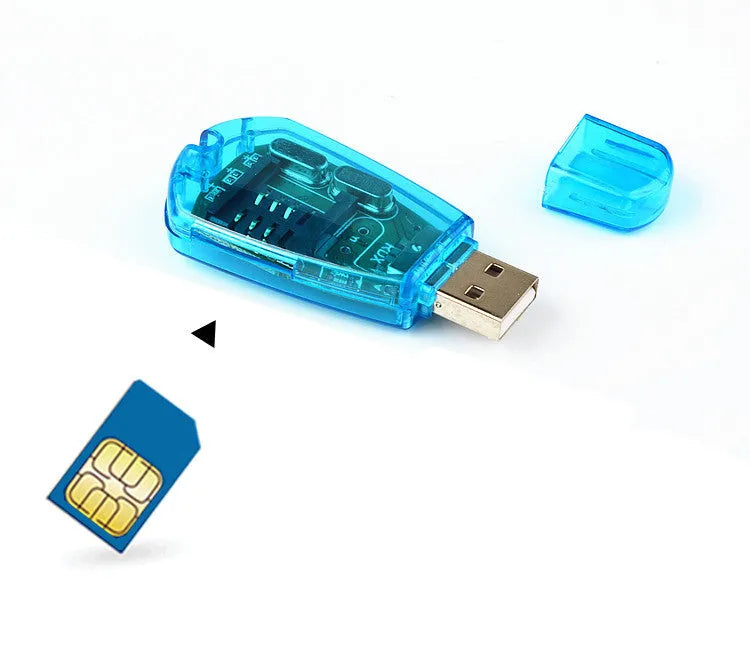 Blue USB 2.0 SIM card reader for mobile phones with external installation for computer connectivity