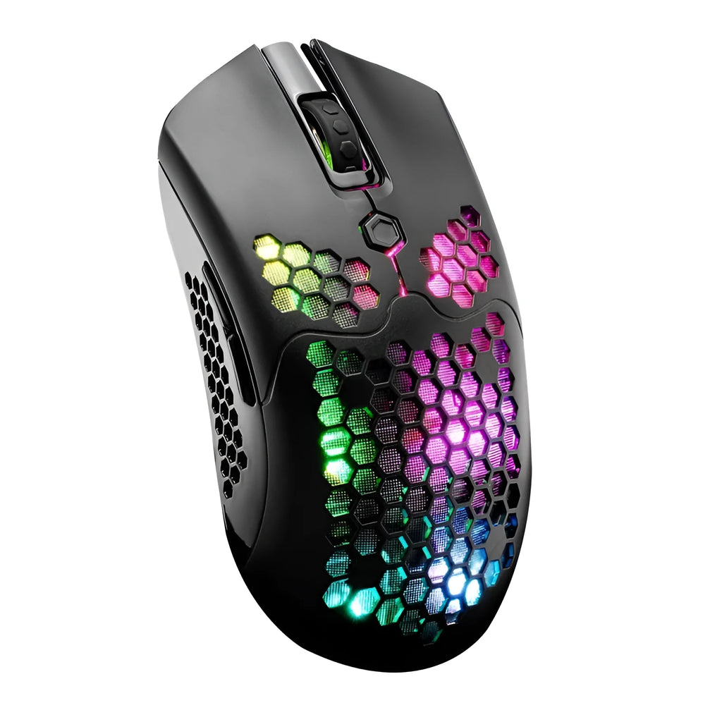 Free Wolf X2 wireless gaming mouse in multiple colours showing RGB lighting and dual-mode connectivity.