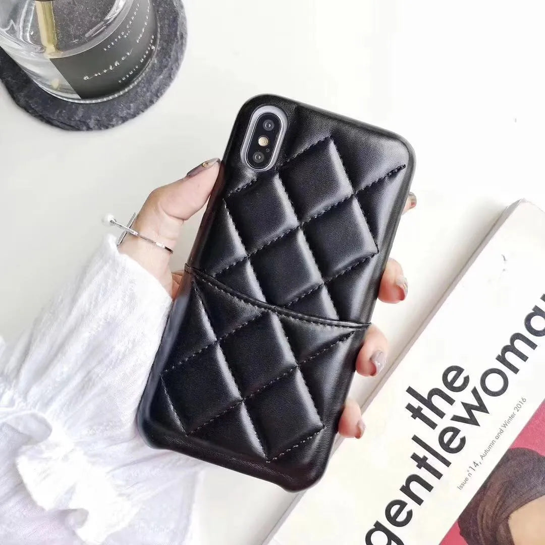 Leather iPhone case shown in black, pink, and red, compatible with XS Max, XR, X, 8, 7, and 6 models.