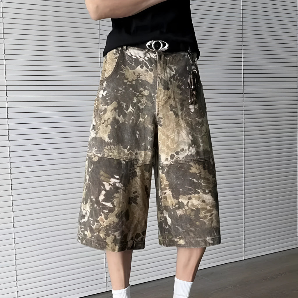 Men's bright yellow snake pattern camouflage jeans with cropped leg and tooling detail