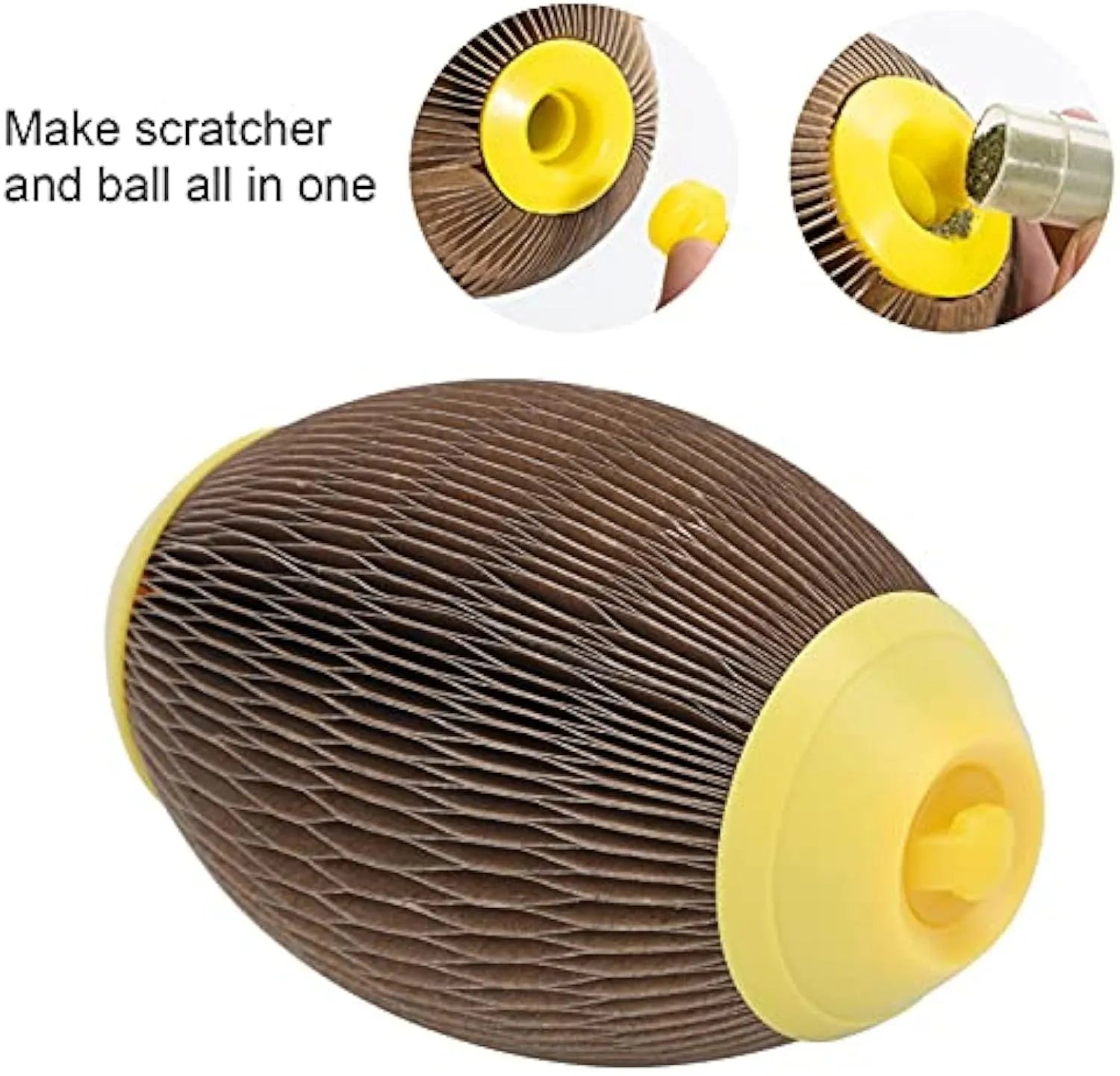 Elliptical corrugated paper catnip football toy measuring 65mm by 108mm