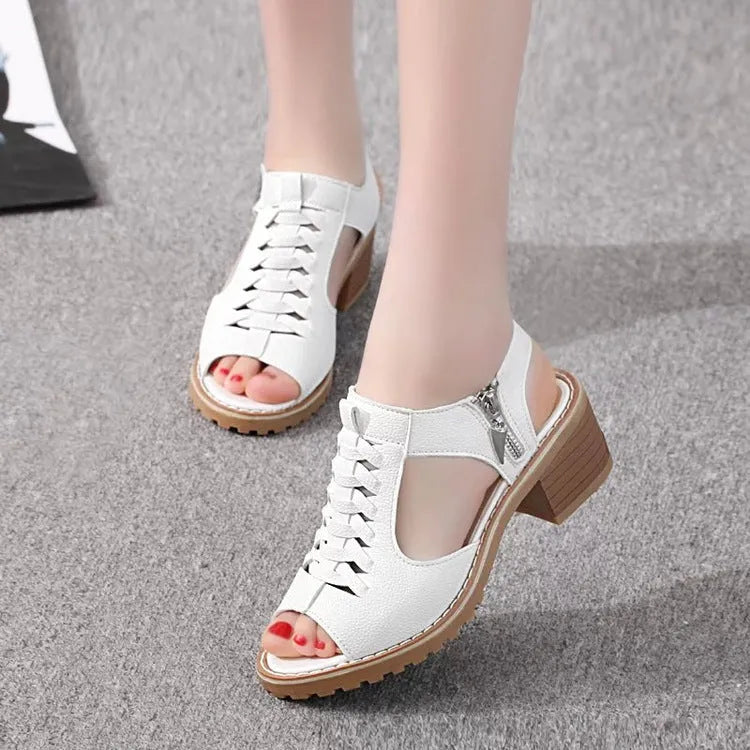 Women's retro sandals with side zip, middle heel, in black, creamy white, and white colours