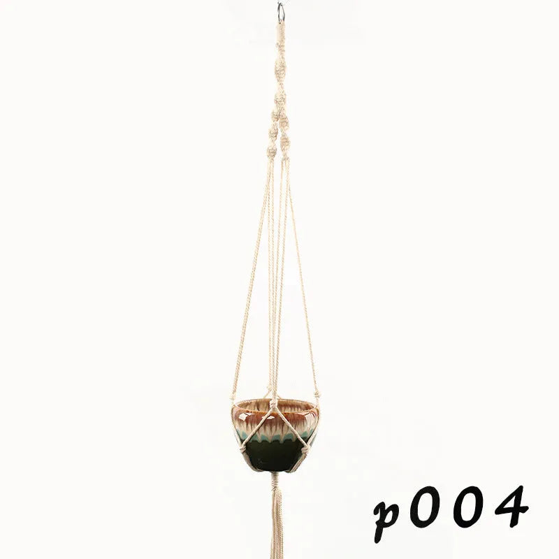 Cotton rope woven wire basket planter shown in desktop, wall hanging, and hanging configurations