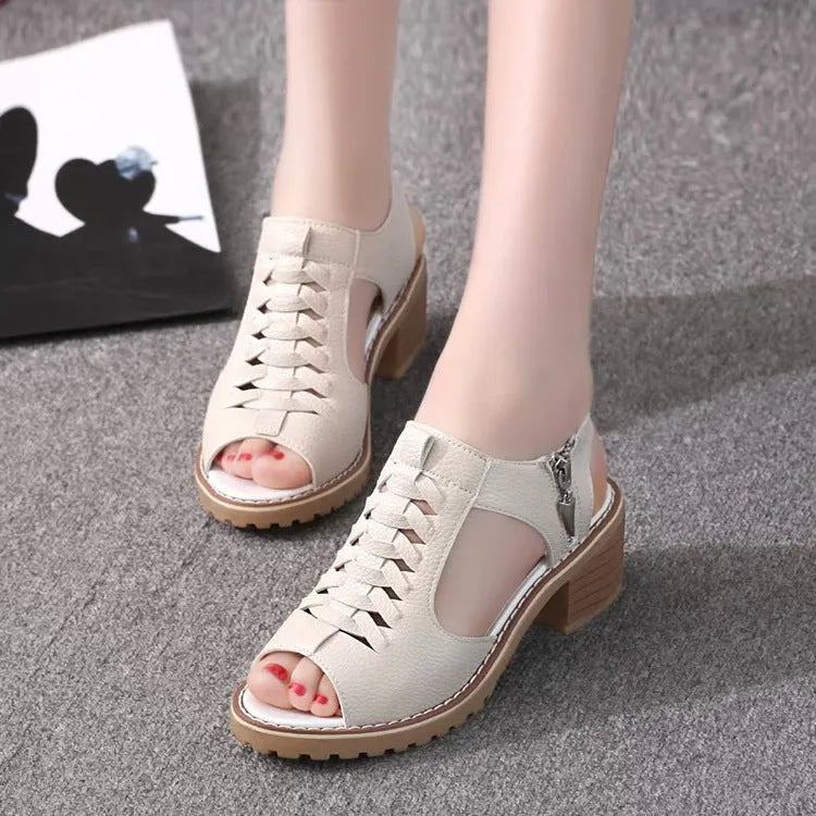 Women's retro sandals with side zip, middle heel, in black, creamy white, and white colours