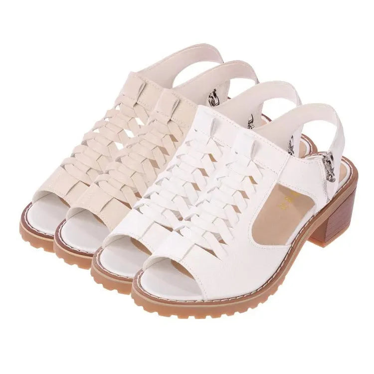 Women's retro sandals with side zip, middle heel, in black, creamy white, and white colours