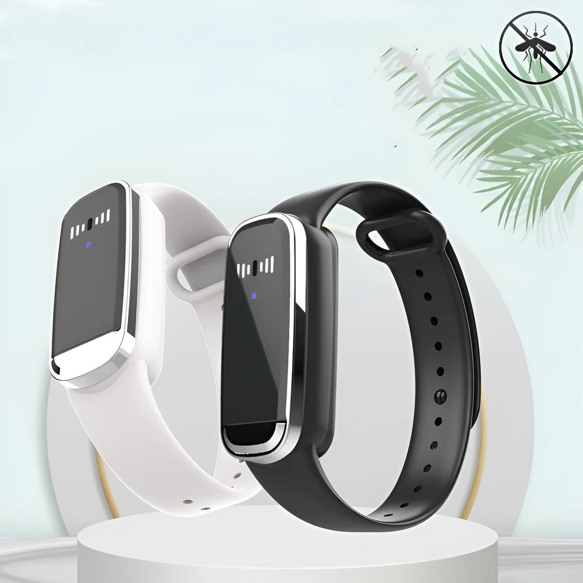 Black and white ultrasonic mosquito repellent bracelet on a wrist, showing compact design with USB charging port.