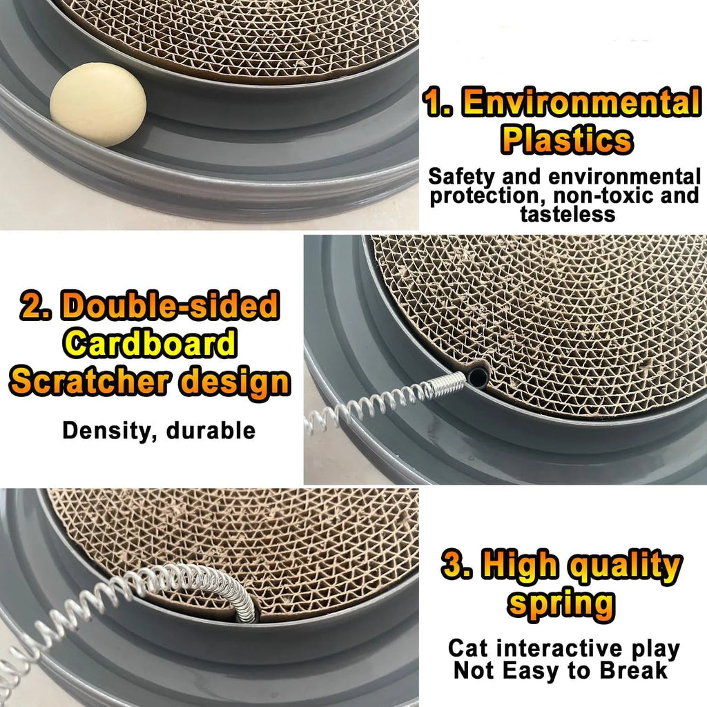 Round corrugated cardboard cat scratcher toy with blue or pink track, rolling ball, and mouse swatter attachment on white background