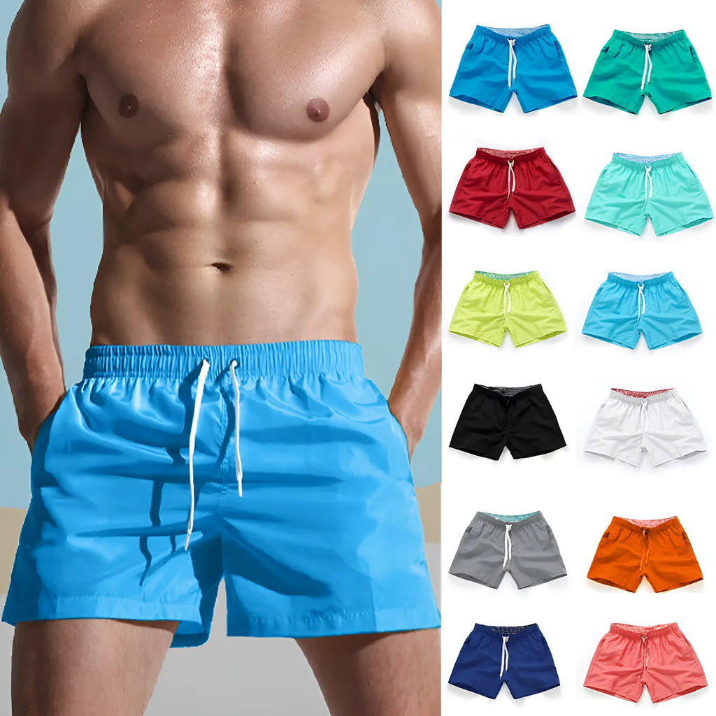 Men's straight leg beach shorts in polyester, shown in multiple colours and plus sizes.