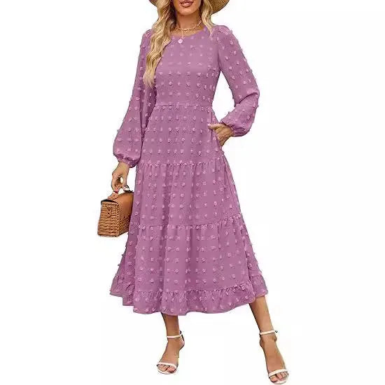 Women's long sleeve high waist casual dress in solid colour with ruffled sleeves.