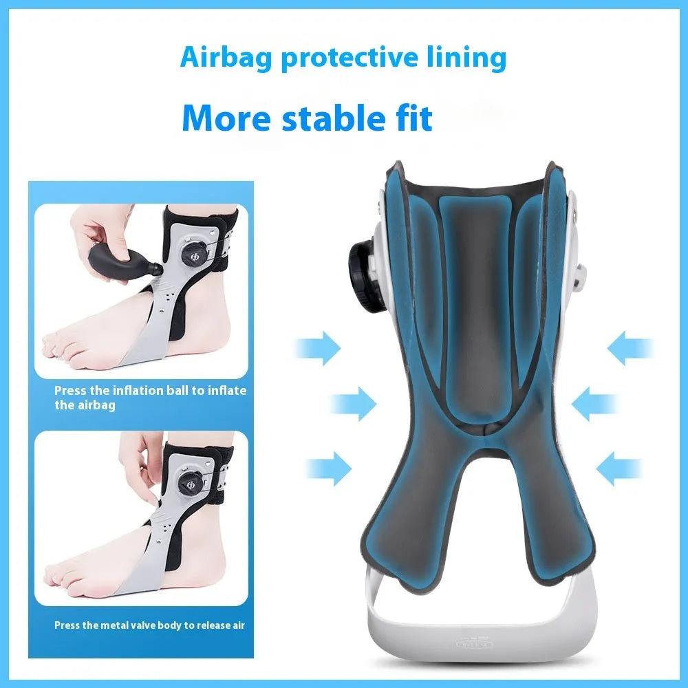 Grey adjustable ankle support brace with airbag button, shown on a left foot.