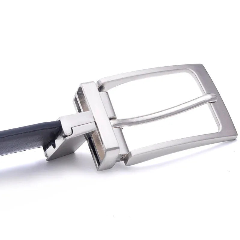 Men's dark brown genuine leather belt with a silver rotating pin buckle, shown at 120cm length.