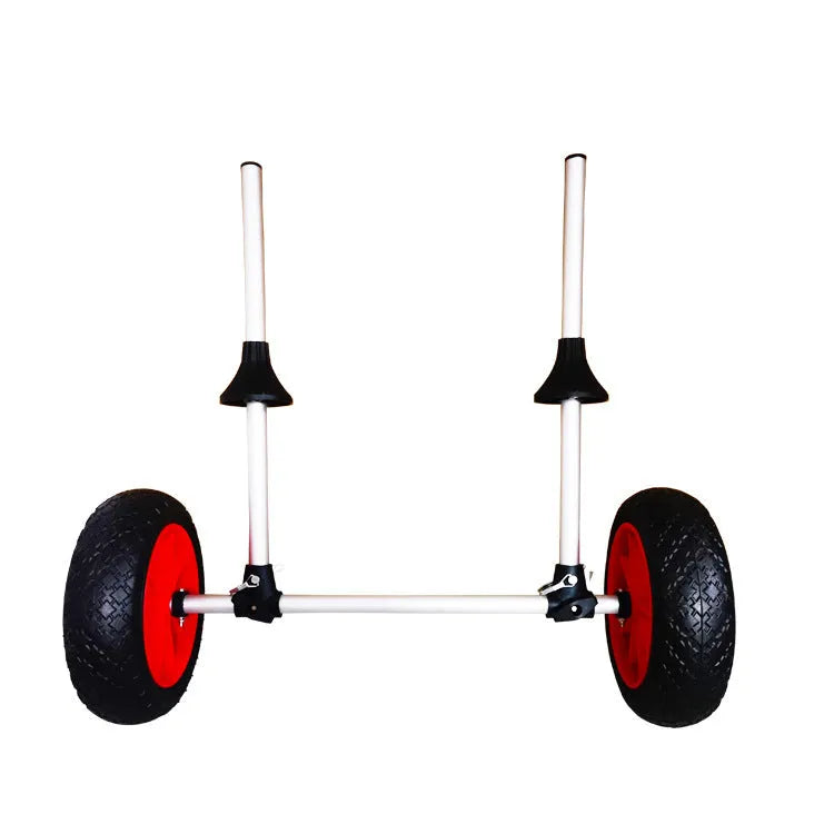 Foldable aluminium kayak beach trailer with upright pole platform for transporting open kayaks on sand