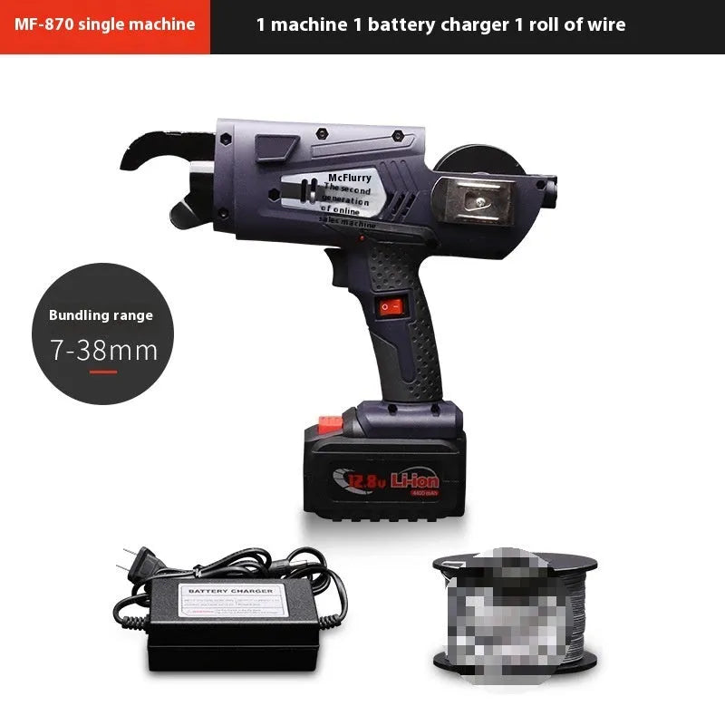 Fully automatic electric steel bar tying machine with battery, charger, and toolbox on a construction site.