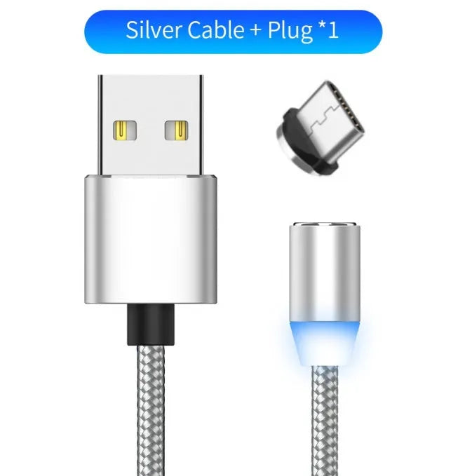 Magnetic LED charging cable with cotton braided sheath and aluminium shell in black colour
